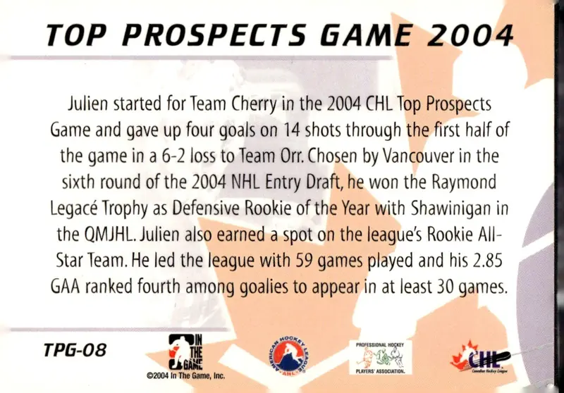 2004-05 In The Game Heroes and Prospects #TPG-08 Julien Ellis-Plante (back)