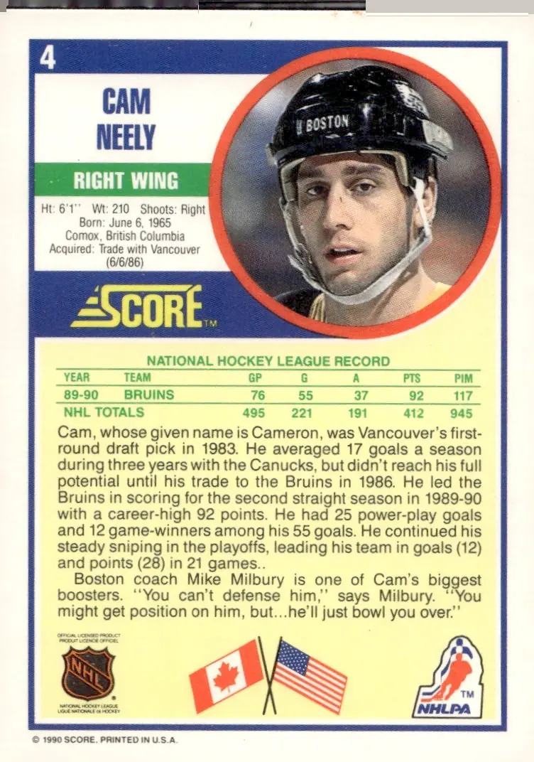 1990-91 Score (American) #4 Cam Neely (back)