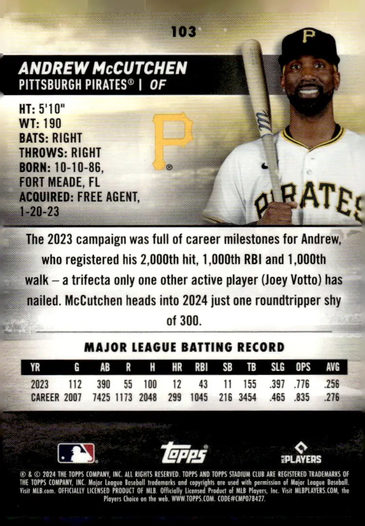 2024 Topps Stadium Club #103 Andrew McCutchen (back)