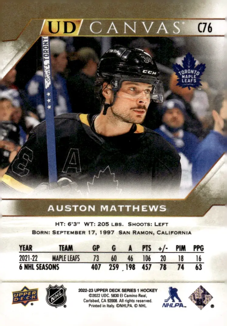 2022-23 Upper Deck Series 1 #C76 Auston Matthews (back)