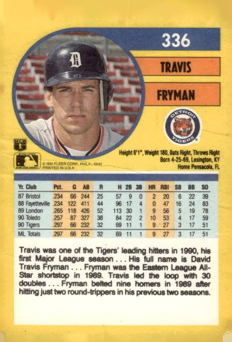 1991 Fleer #336 Travis Fryman (back)