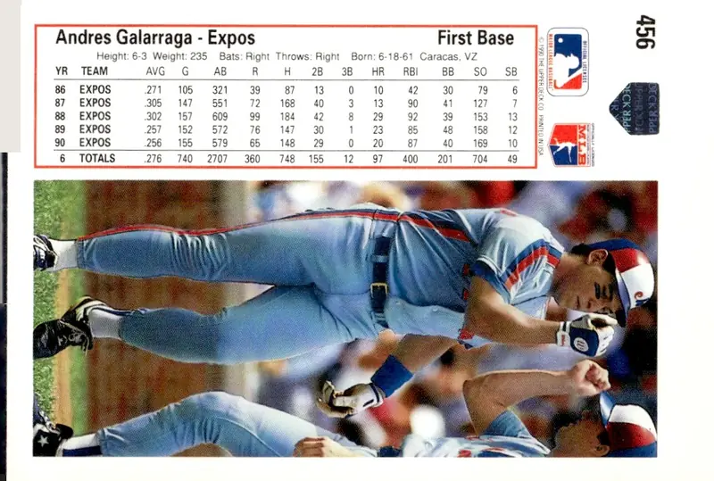 1991 Upper Deck #456 Andres Galarraga (back)