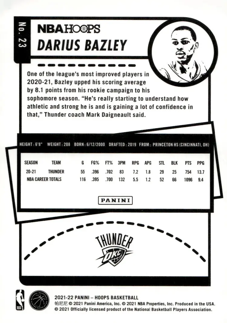 2021-22 NBA Hoops #23 Darius Bazley (back)