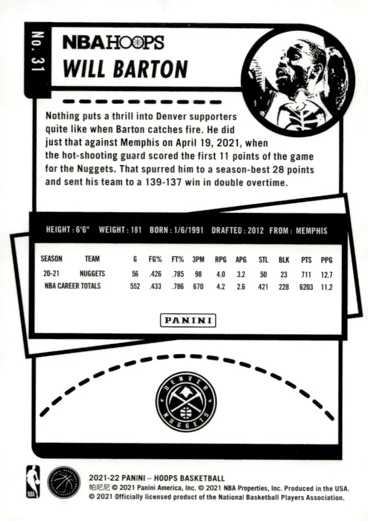 2021-22 NBA Hoops #31 Will Barton (back)