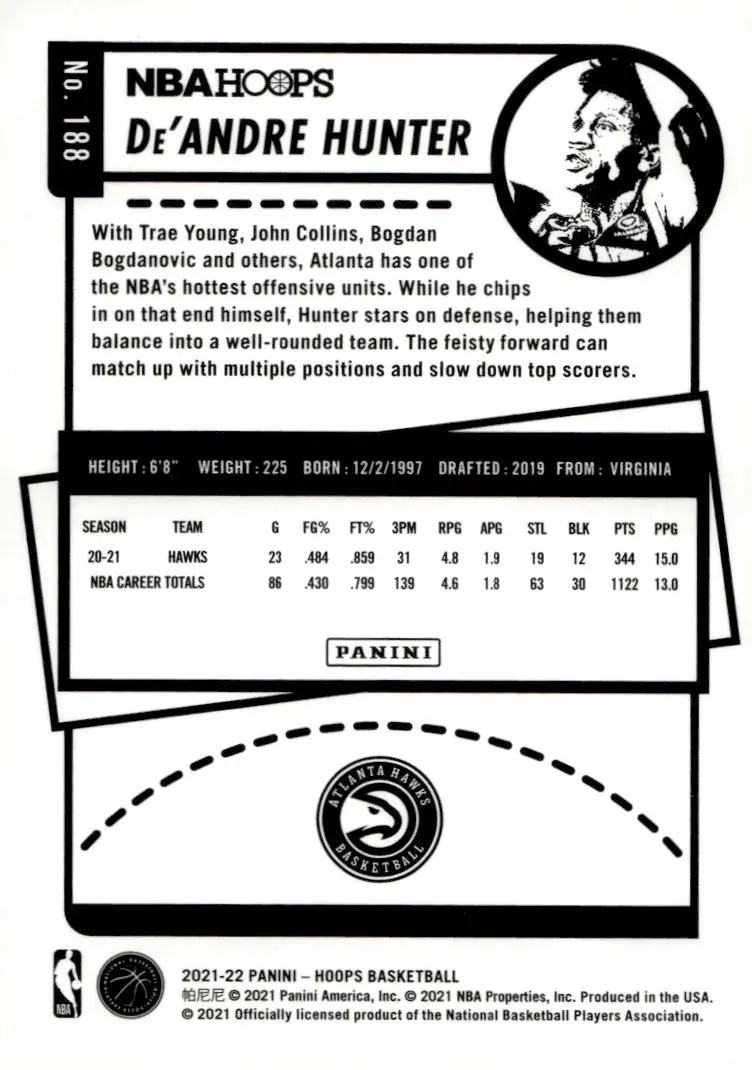 2021-22 NBA Hoops #188 De'Andre Hunter (back)