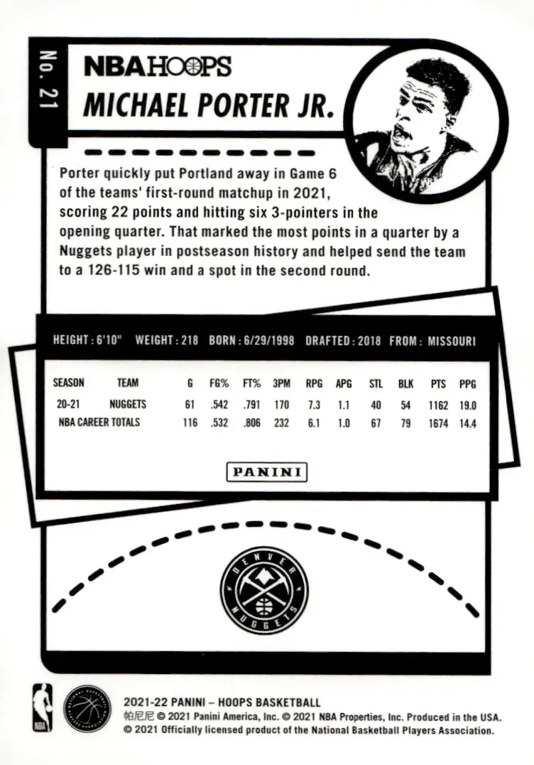 2021-22 NBA Hoops #21 Michael Porter Jr. (back)