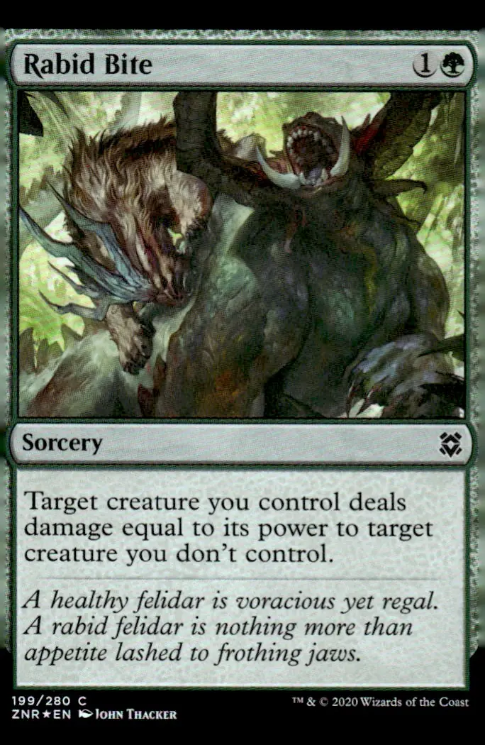 2020 Zendikar Rising (ZNR) #199/280 Rabid Bite (card name); art by John Thacker (front)