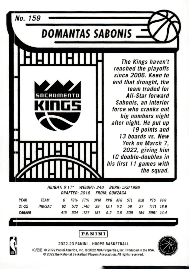 2022-23 NBA Hoops #159 Domantas Sabonis (back)
