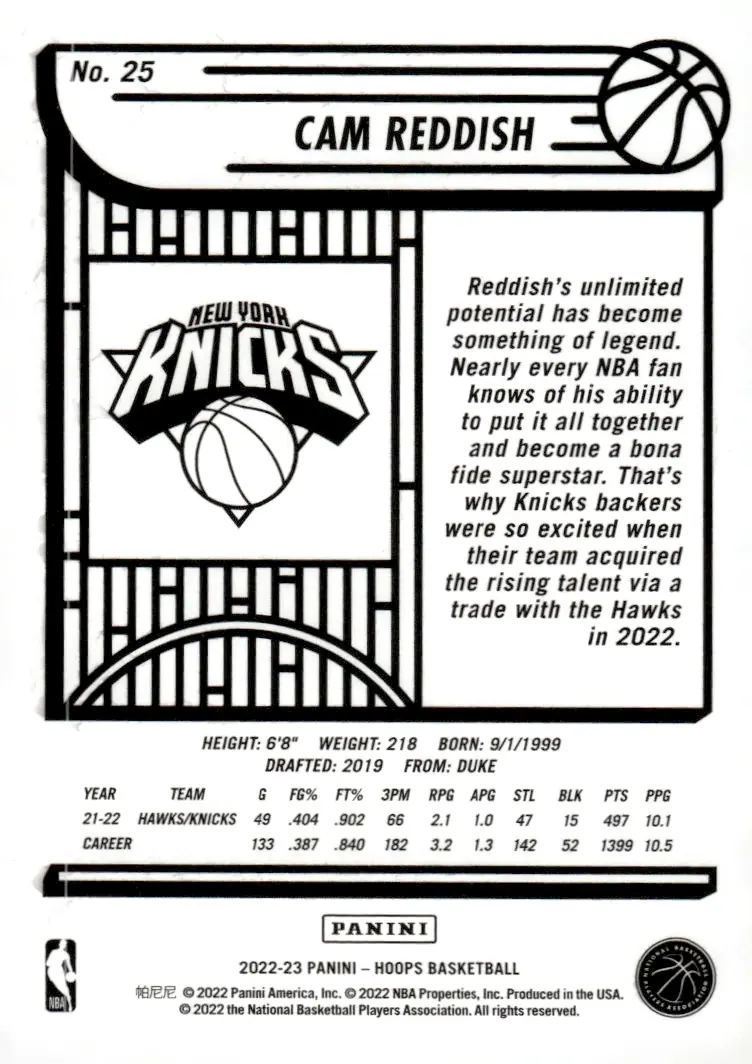 2022-23 NBA Hoops #25 Cam Reddish (back)