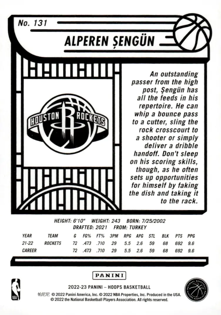 2022-23 NBA Hoops #131 Alperen Şengün (back)