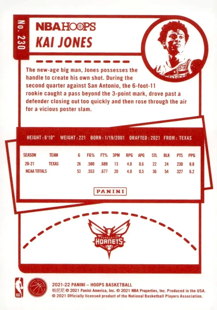 2021-22 NBA Hoops #230 Kai Jones (back)