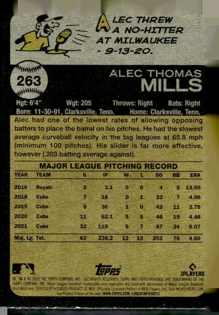 2022 Topps Heritage #263 Alec Mills (back)