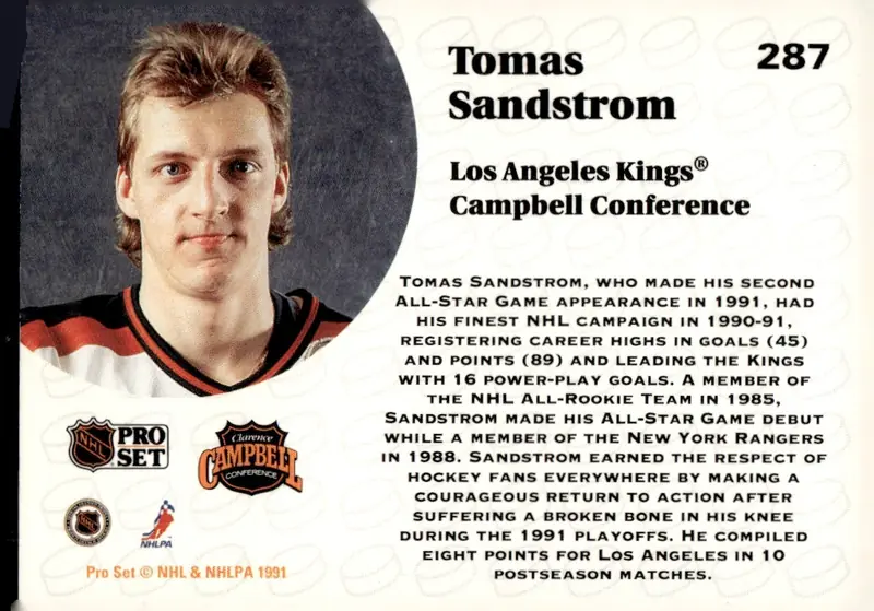 1991-92 Pro Set (Series 2) #287 Tomas Sandstrom (back)