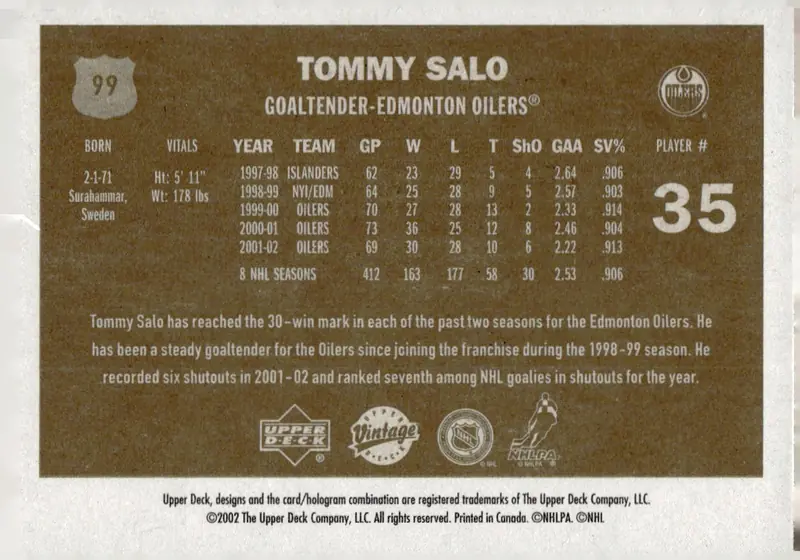2002-03 Upper Deck Vintage #99 Tommy Salo (back)