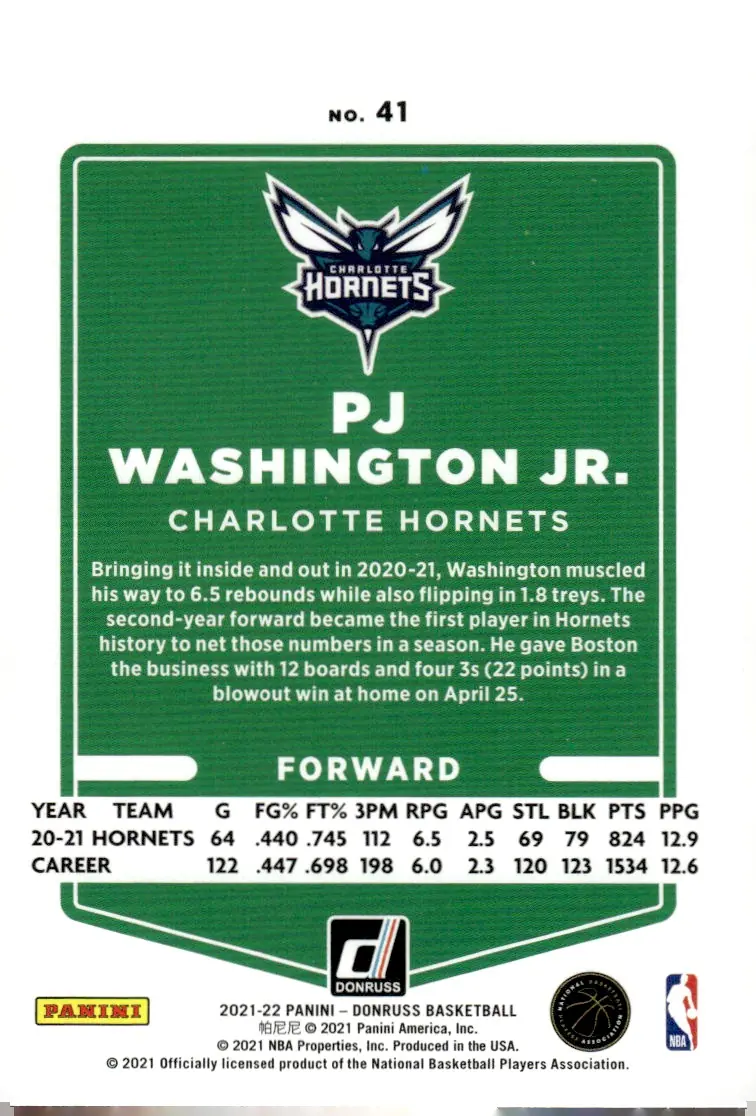 2021-22 Donruss #41 PJ Washington Jr. (back)