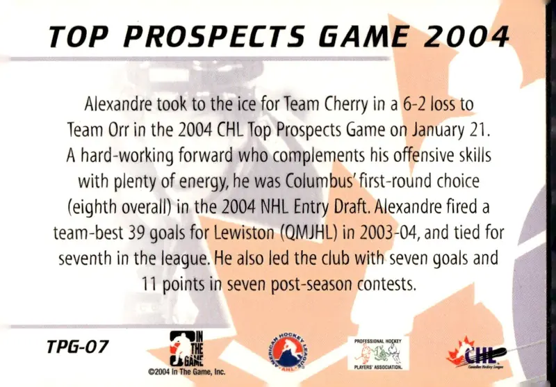 2004-05 In The Game Heroes and Prospects #TPG-07 Alexandre Picard (back)