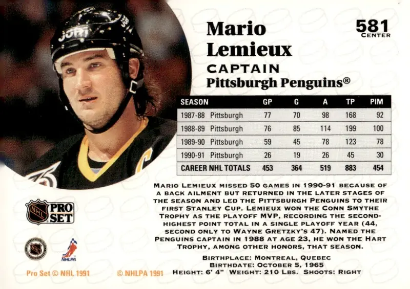 1991-92 Pro Set (Series 2) #581 Mario Lemieux – English (back)