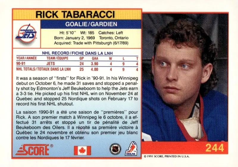 1991-92 Score Canadian (Bilingual) #244 Rick Tabaracci (back)