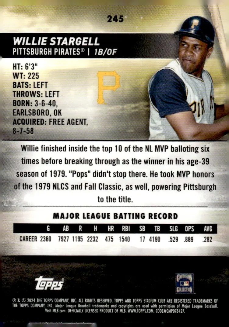 2024 Topps Stadium Club #245 Willie Stargell (back)