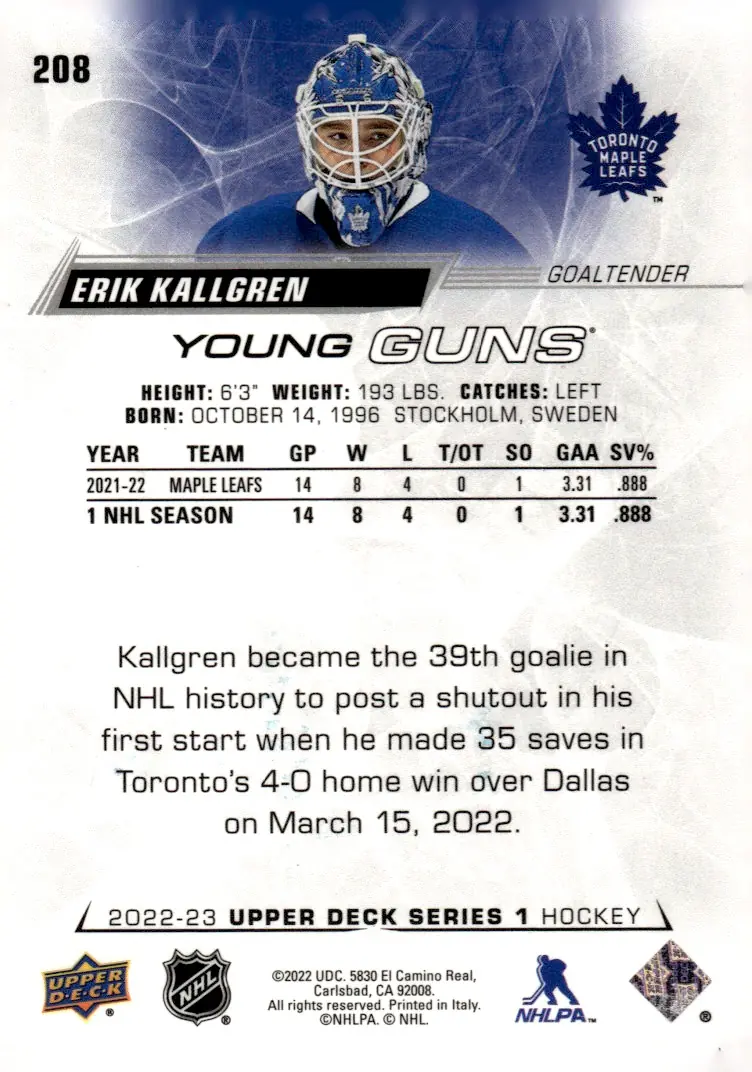 2022-23 Upper Deck Series 1 #208 Erik Kallgren (back)