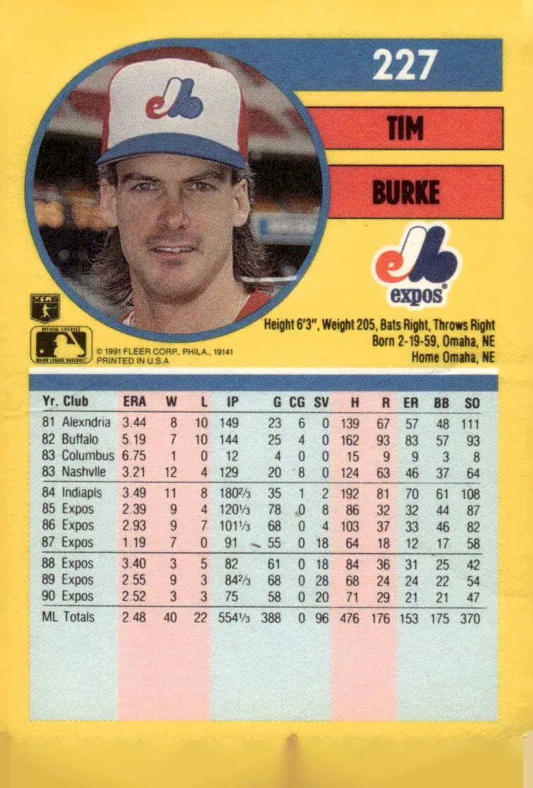 1991 Fleer #227 Tim Burke (back)