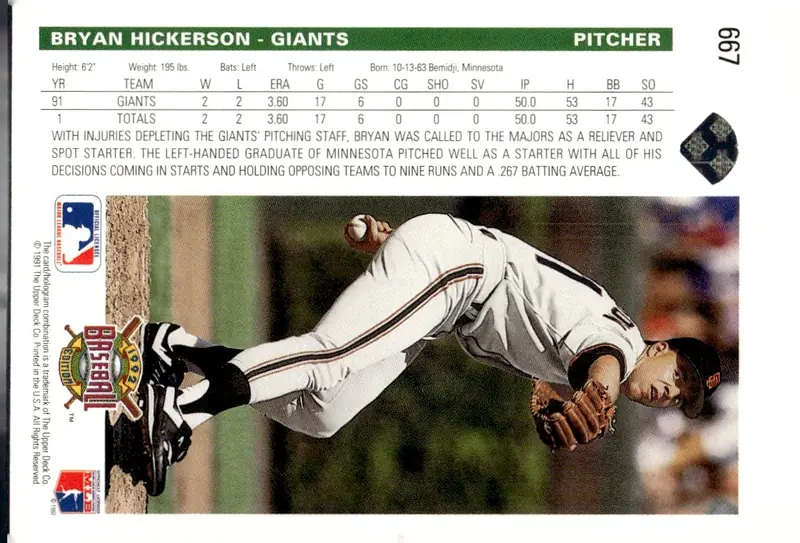 1992 Upper Deck Baseball #667 Bryan Hickerson (back)