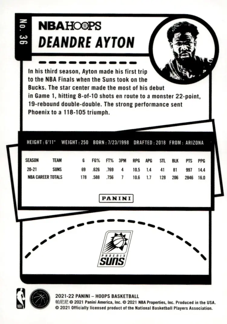 2021-22 NBA Hoops #36 Deandre Ayton (back)