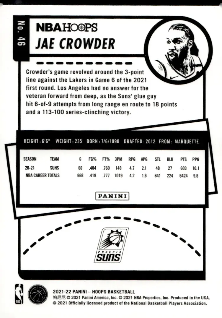 2021-22 NBA Hoops #46 Jae Crowder (back)