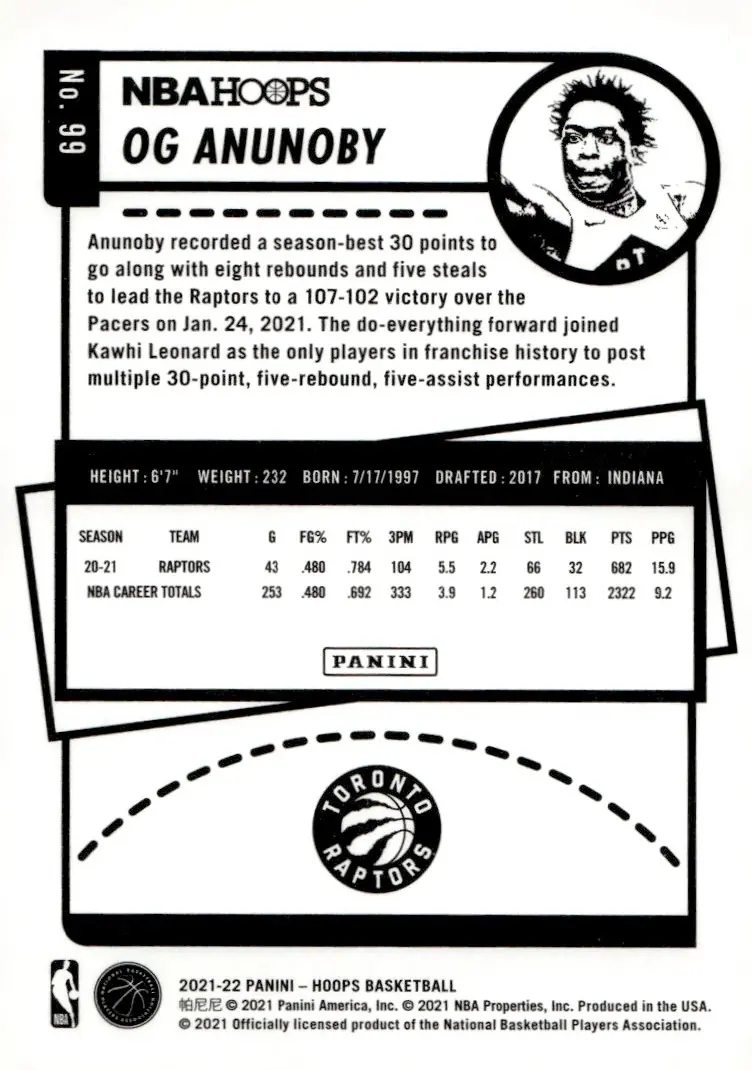 2021-22 NBA Hoops #99 OG Anunoby (back)