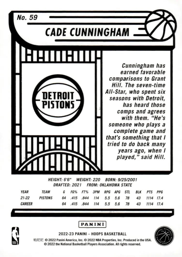 2022-23 NBA Hoops #59 Cade Cunningham (back)