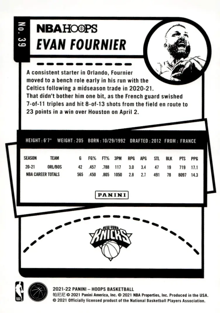2021-22 NBA Hoops #39 Evan Fournier (back)