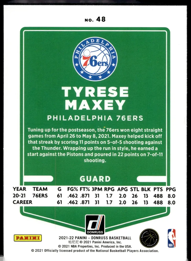 2021-22 Donruss Basketball #48 Tyrese Maxey (back)