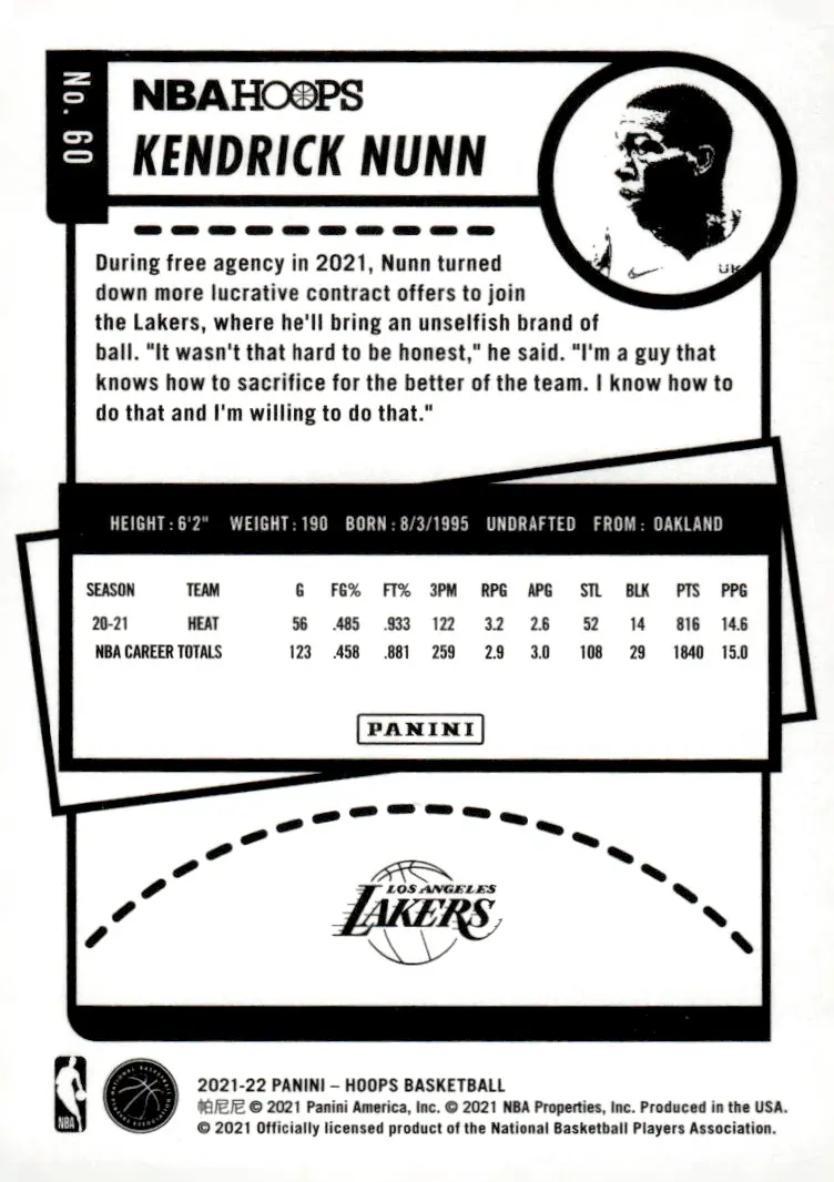 2021-22 NBA Hoops #60 Kendrick Nunn (back)