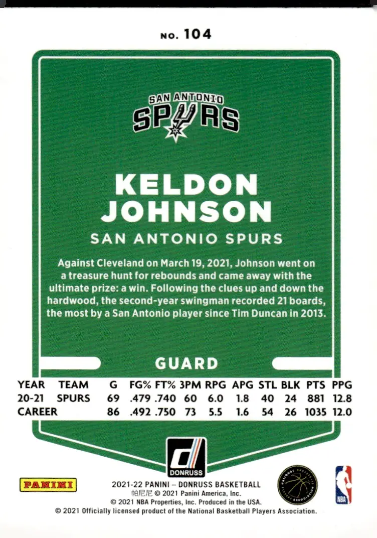 2021-22 Donruss #104 Keldon Johnson (back)