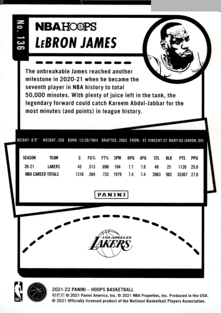 2021-22 NBA Hoops #136 LeBron James (back)