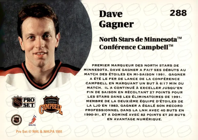 1991-92 Pro Set (French/Canadian bilingual edition, Series 2) #288 Dave Gagner – French-language edition (back)