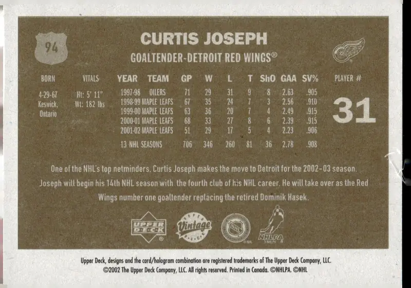 2002-03 Upper Deck Vintage #94 Curtis Joseph (back)