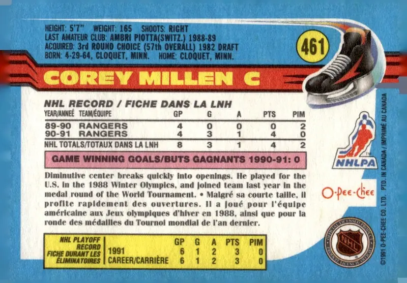 1991-92 O-Pee-Chee #461 Corey Millen (back)