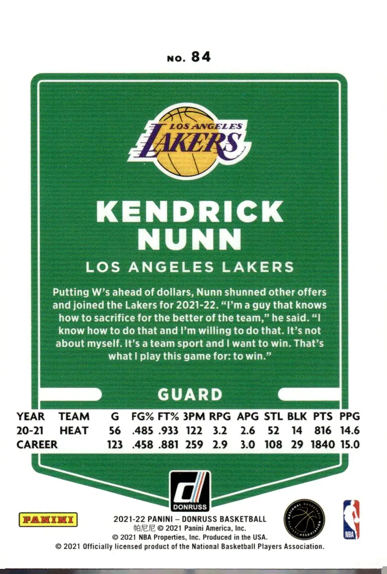 2021-22 Donruss #84 Kendrick Nunn (back)