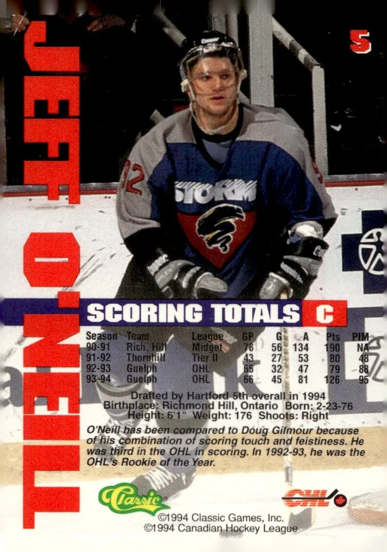 1994 Classic (Classic Hockey Draft) #5 Jeff O'Neill (back)