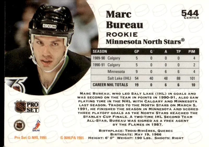 1991-92 Pro Set (Series 2) #544 Marc Bureau (back)