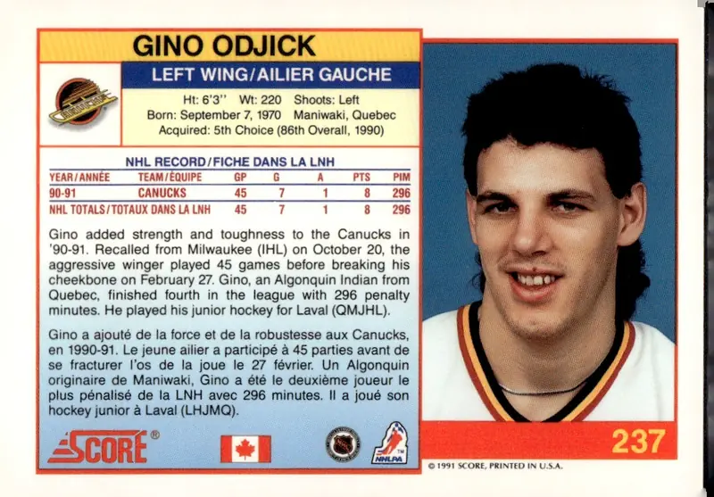 1991-92 Score Canadian (Bilingual) #237 Gino Odjick (back)