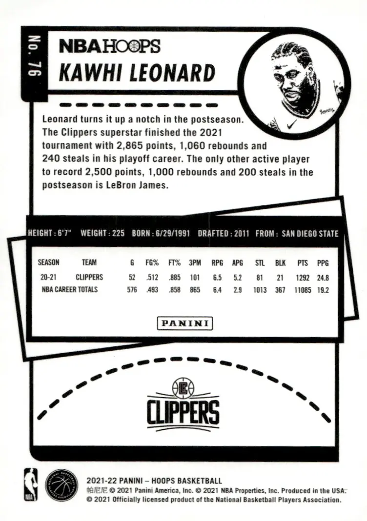 2021-22 NBA Hoops #76 Kawhi Leonard (back)