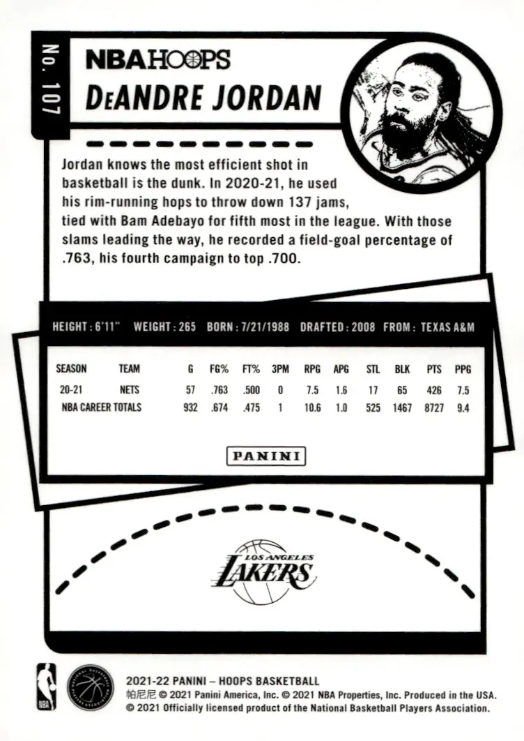 2021-22 NBA Hoops #107 DeAndre Jordan (back)