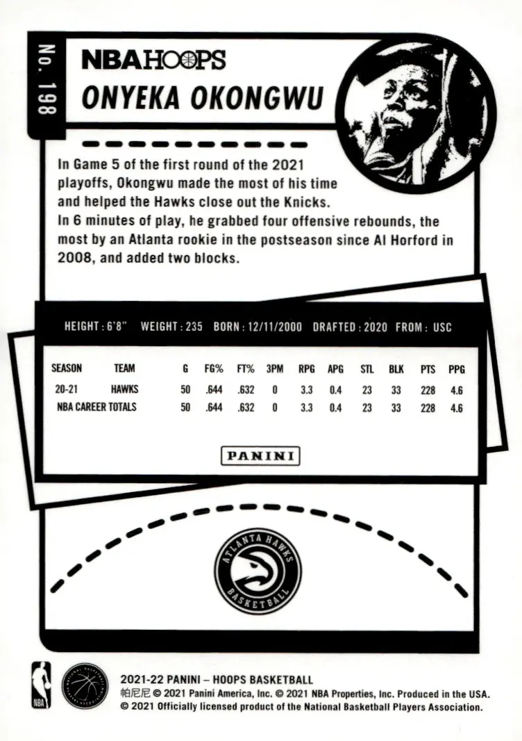 2021-22 NBA Hoops #198 Onyeka Okongwu (back)