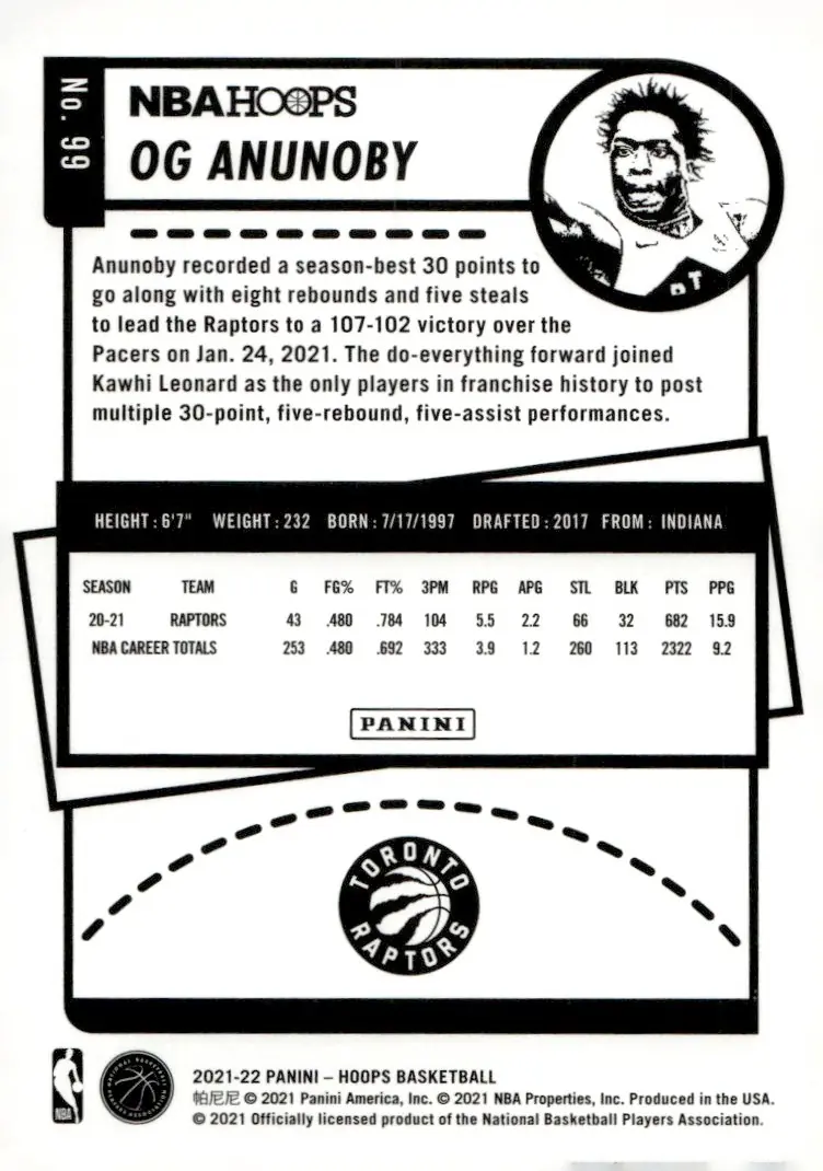 2021-22 NBA Hoops #99 OG Anunoby (back)