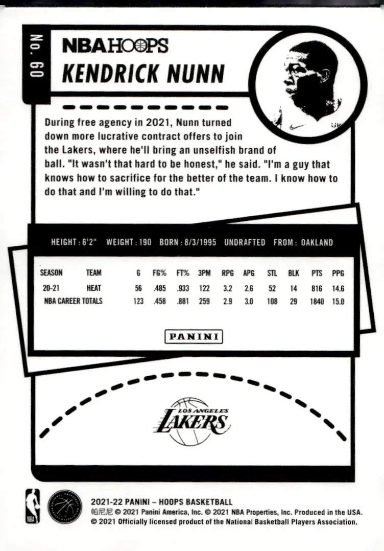 2021-22 NBA Hoops #60 Kendrick Nunn (back)
