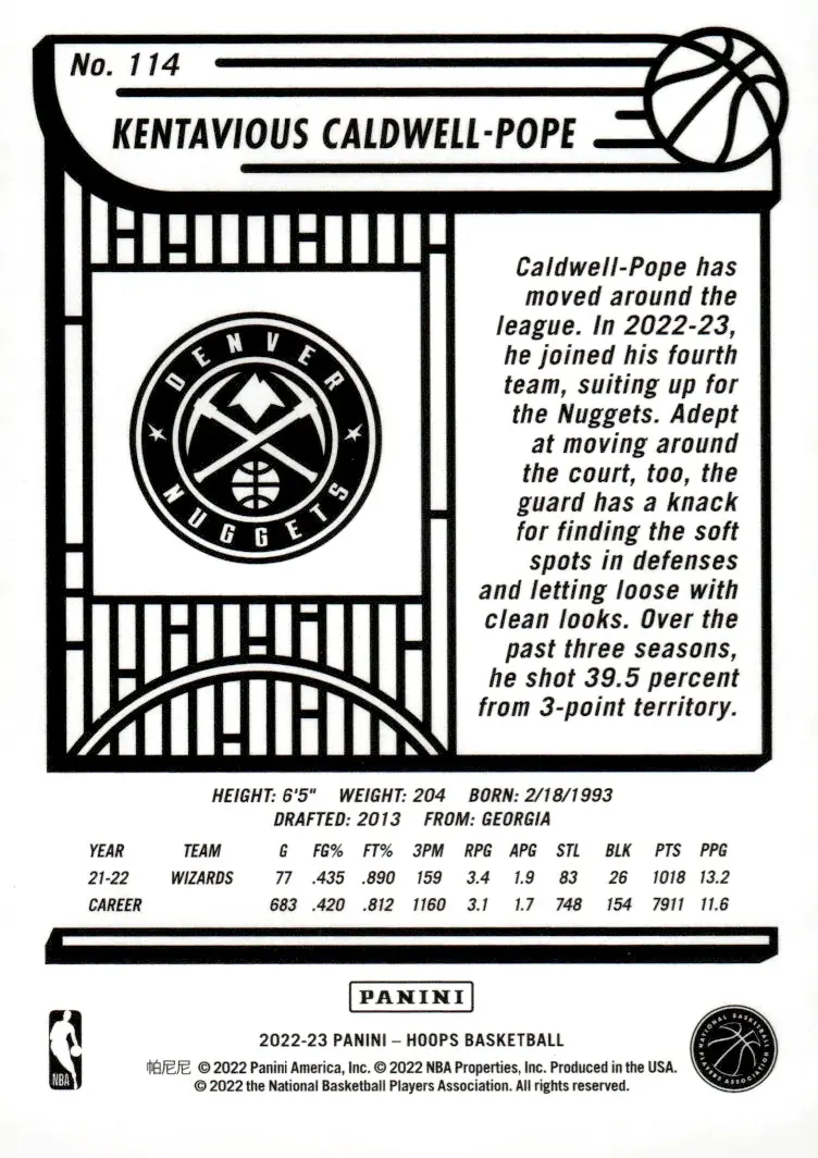 2022-23 NBA Hoops #114 Kentavious Caldwell-Pope (back)