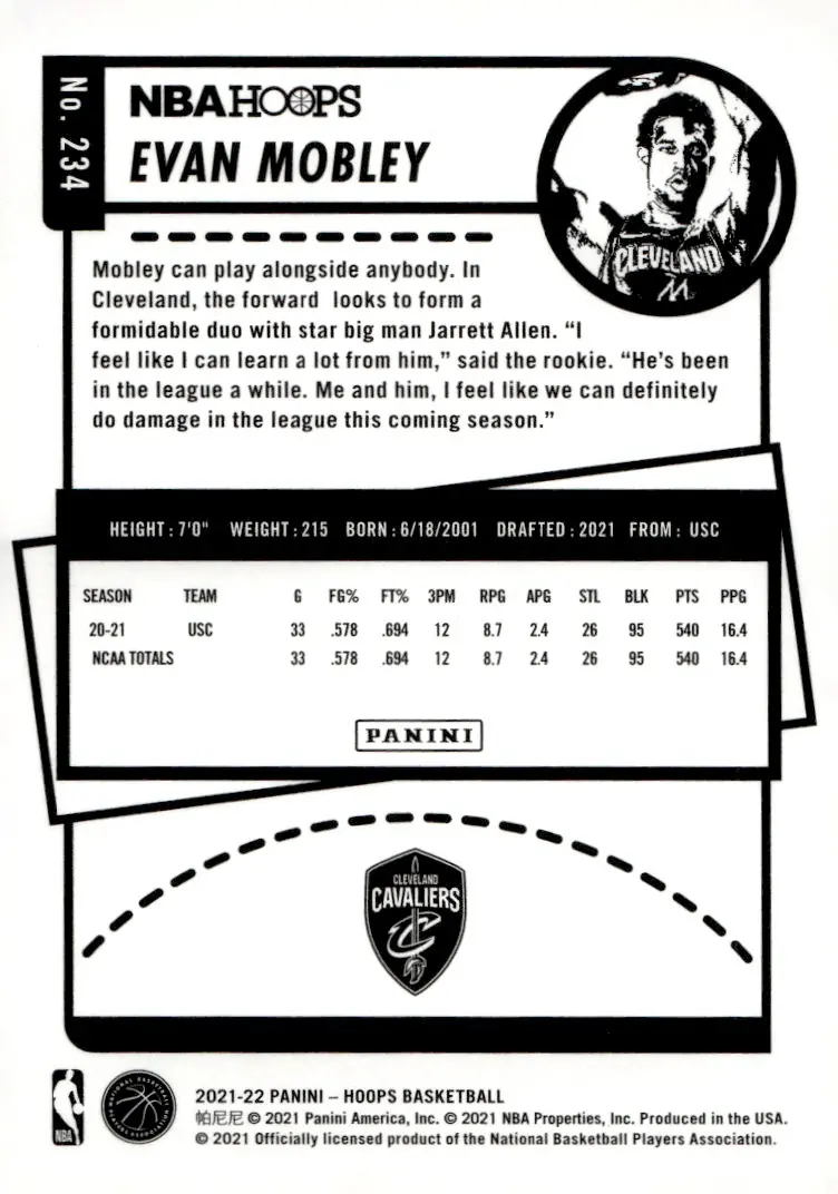 2021-22 NBA Hoops #234 Evan Mobley (back)