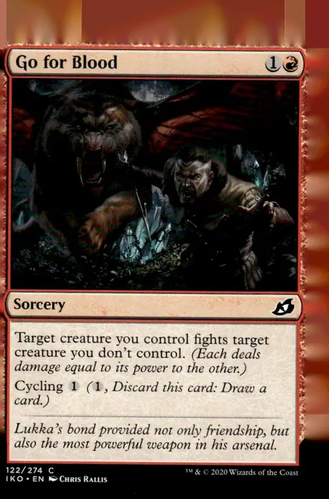 2020 Ikoria: Lair of Behemoths (IKO) #122/274 Go for Blood (card name); art by Chris Rallis